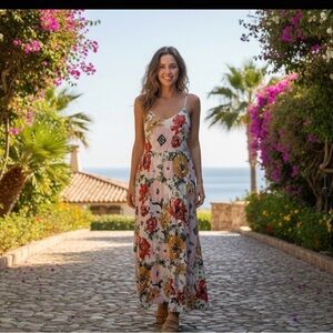 Volcom Vibrant Floral Dress with Red and Gold Accents